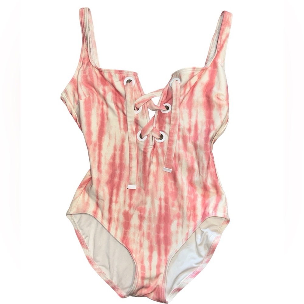 Michael Kors MK Pink/ White Tie-Dye Daydream Lace Up One Piece Swimsuit Size 10 - Picture 1 of 6